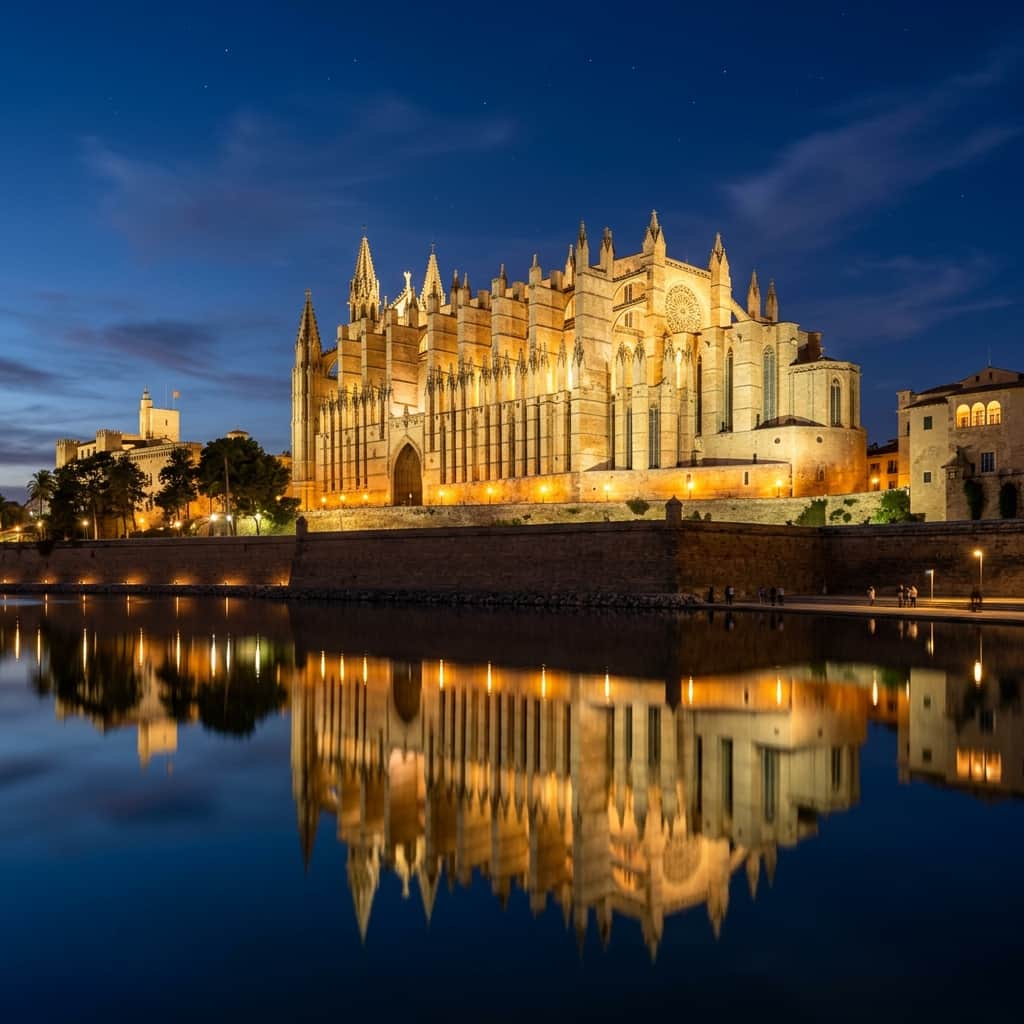 Die Kathedrale von Palma im Abendlicht, gespiegelt im Wasser