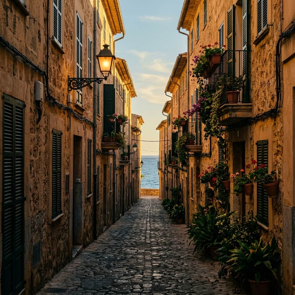 Warme Steinfassaden und grüne Fensterläden in einer mallorquinischen Gasse
