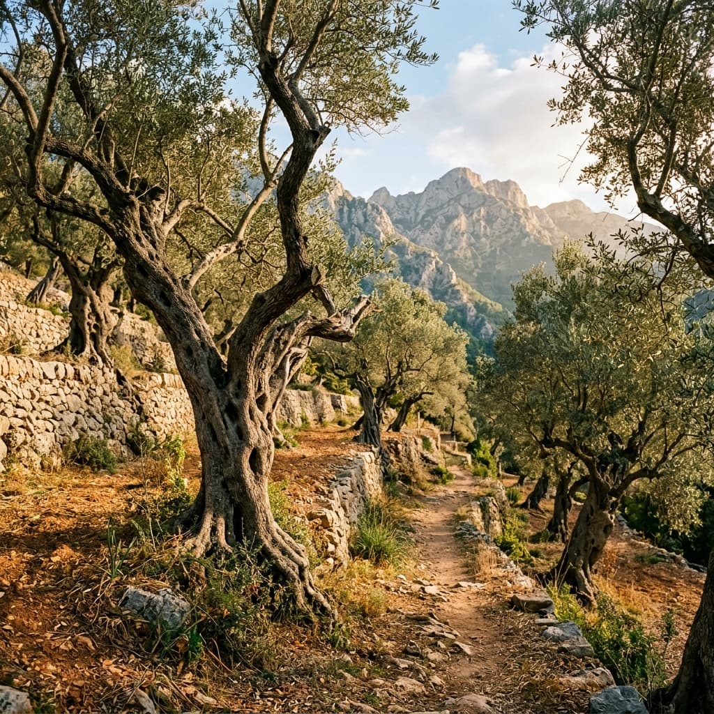 Sonnenlicht auf einem Weg zwischen Olivenbäumen auf Mallorca